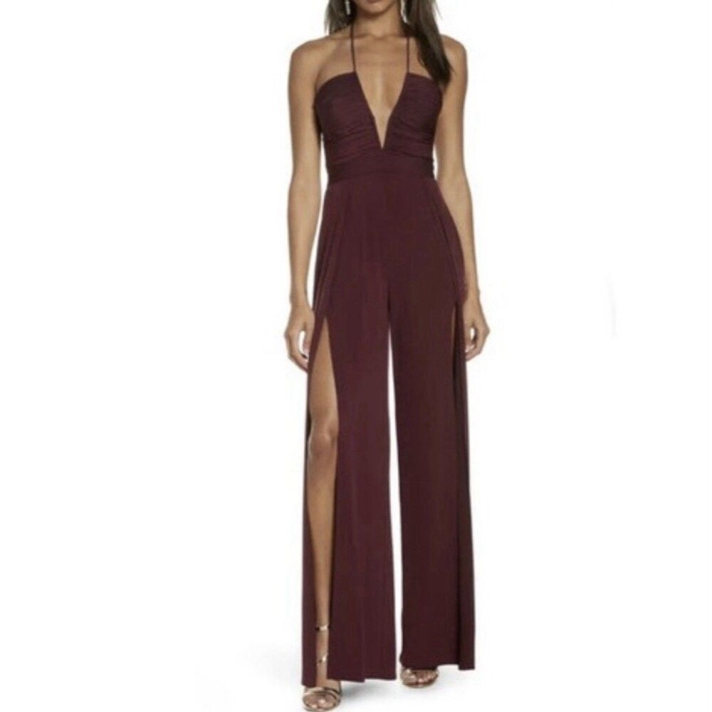 Katie May Burgundy Halter Wide-Leg Jumpsuit Side Slit Women's M